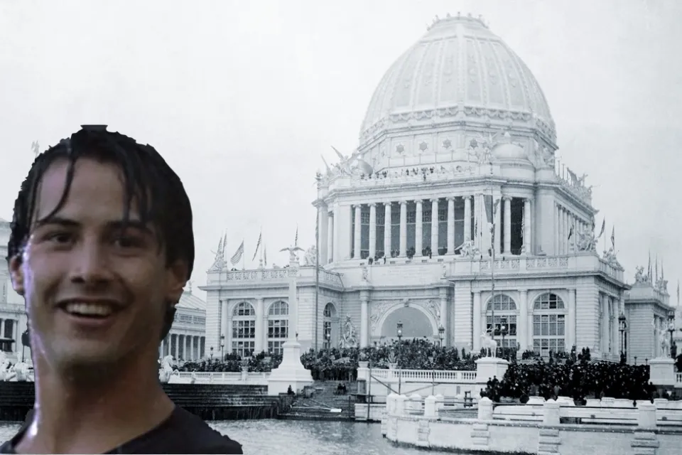 A image of the World's Columbian Exposition overlayed with a picture of Keanu Reeves in the rain from the movie Point Break.